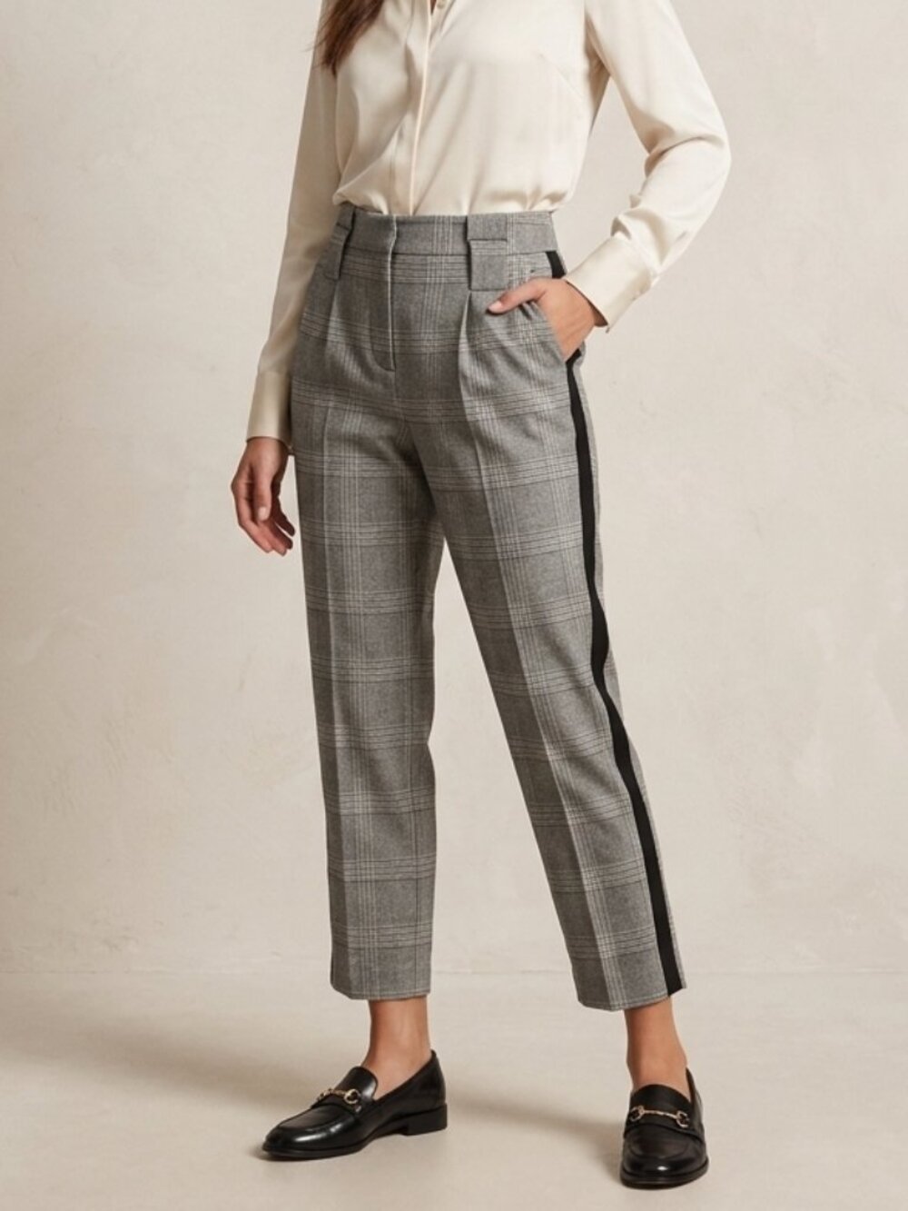 BBJ Los Angeles Grey Plaid Cropped Tuxedo Stripe Office Trousers Size L